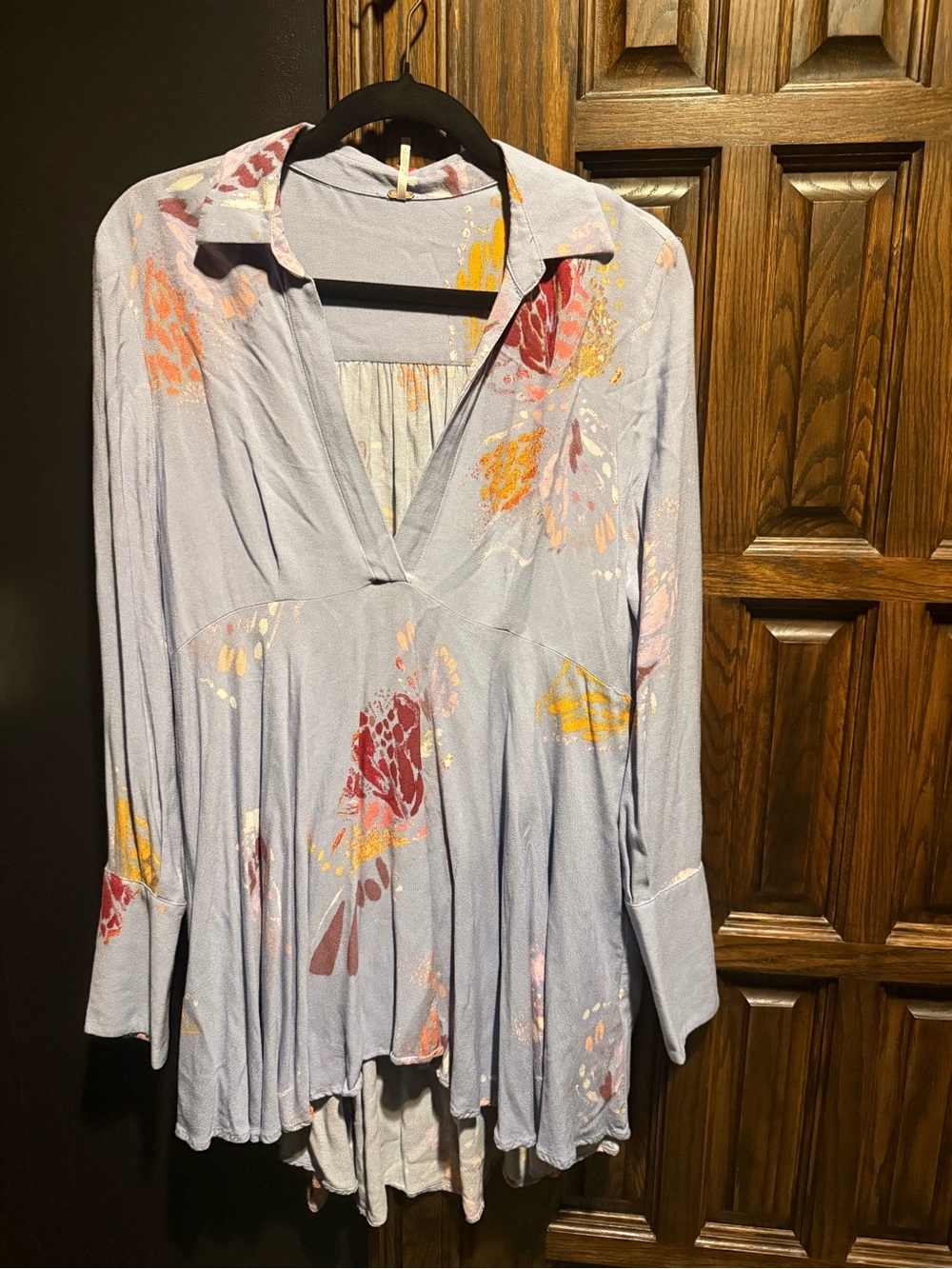 Free People Powder Blue Floral Tunic Mini Dress Medium Boho High Low - Picture 4 of 5